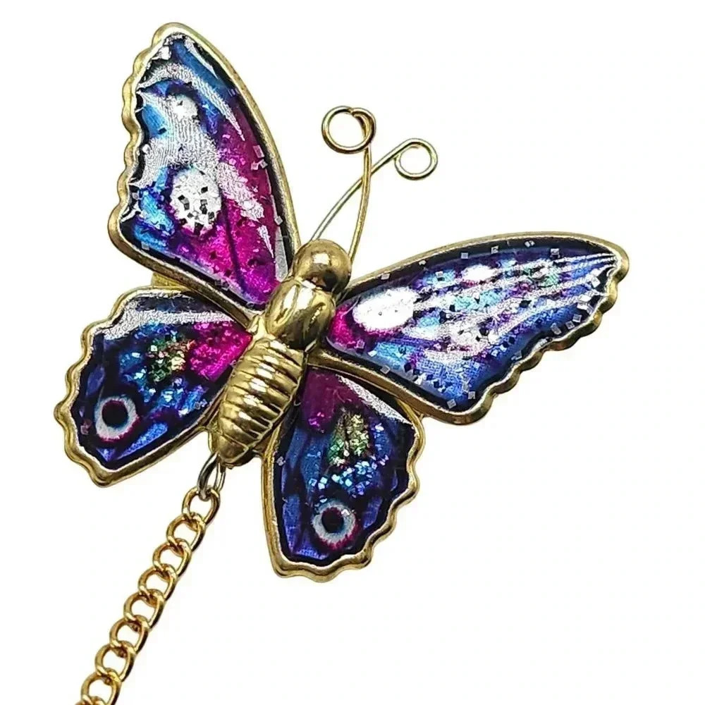 Glitter Enamel Sparkle Butterfly Pair Chain Brooch Pin Gold Tone Vintage - Picture 3 of 5